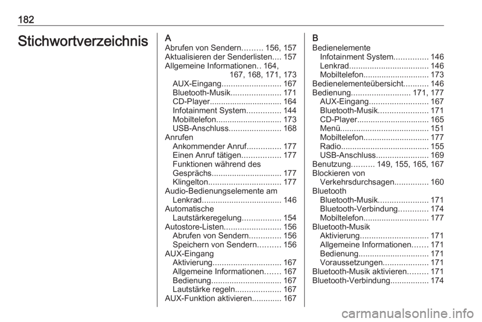 OPEL ZAFIRA C 2016 Infotainment-Handbuch (in German) 182StichwortverzeichnisAAbrufen von Sendern .........156, 157
Aktualisieren der Senderlisten ....157
Allgemeine Informationen ..164,
167, 168, 171, 173
AUX-Eingang .......................... 167
Bluet OPEL ZAFIRA C 2016 Infotainment-Handbuch (in German) 182StichwortverzeichnisAAbrufen von Sendern .........156, 157
Aktualisieren der Senderlisten ....157
Allgemeine Informationen ..164,
167, 168, 171, 173
AUX-Eingang .......................... 167
Bluet