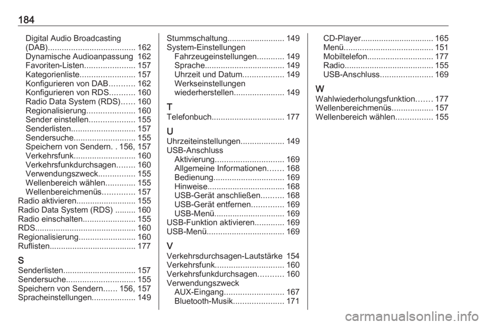 OPEL ZAFIRA C 2016 Infotainment-Handbuch (in German) 184Digital Audio Broadcasting
(DAB) ...................................... 162
Dynamische Audioanpassung 162
Favoriten-Listen ......................157
Kategorienliste ........................ 157
Kon OPEL ZAFIRA C 2016 Infotainment-Handbuch (in German) 184Digital Audio Broadcasting
(DAB) ...................................... 162
Dynamische Audioanpassung 162
Favoriten-Listen ......................157
Kategorienliste ........................ 157
Kon