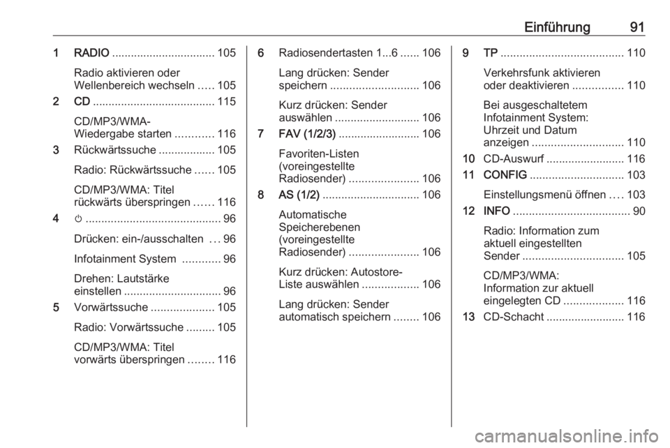 OPEL ZAFIRA C 2016 Infotainment-Handbuch (in German) Einführung911 RADIO................................. 105
Radio aktivieren oder
Wellenbereich wechseln .....105
2 CD ....................................... 115
CD/MP3/WMA-
Wiedergabe starten ........ OPEL ZAFIRA C 2016 Infotainment-Handbuch (in German) Einführung911 RADIO................................. 105
Radio aktivieren oder
Wellenbereich wechseln .....105
2 CD ....................................... 115
CD/MP3/WMA-
Wiedergabe starten ........