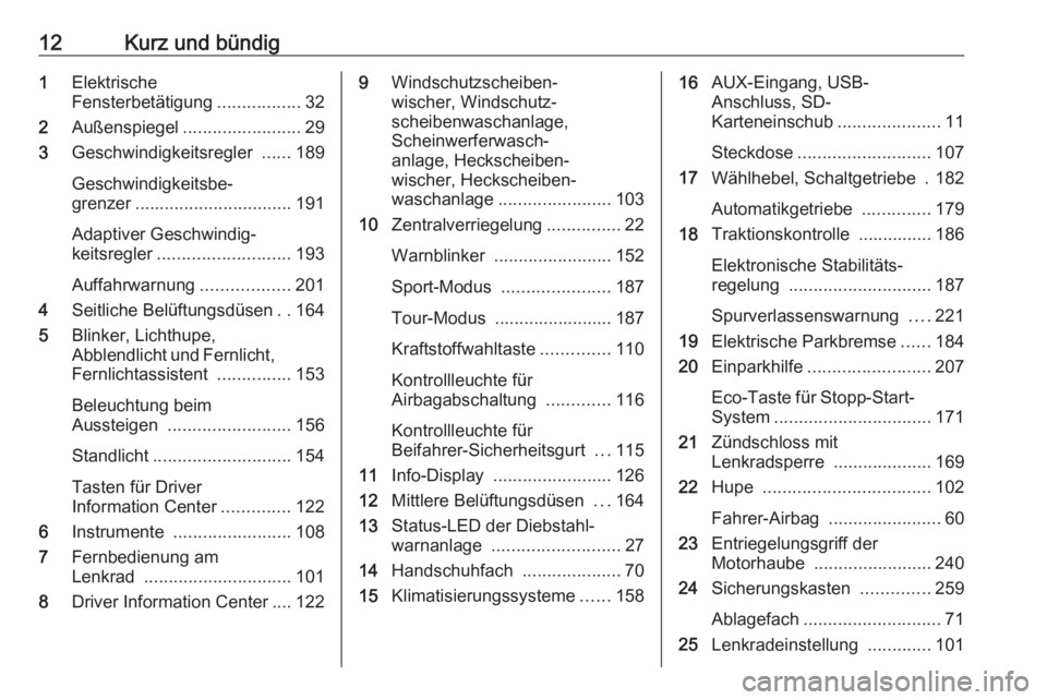 OPEL ZAFIRA C 2016  Betriebsanleitung (in German) 12Kurz und bündig1Elektrische
Fensterbetätigung .................32
2 Außenspiegel ........................ 29
3 Geschwindigkeitsregler  ......189
Geschwindigkeitsbe‐
grenzer ....................