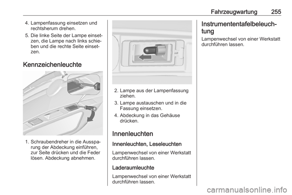 OPEL ZAFIRA C 2016  Betriebsanleitung (in German) Fahrzeugwartung2554. Lampenfassung einsetzen undrechtsherum drehen.
5. Die linke Seite der Lampe einset‐ zen, die Lampe nach links schie‐
ben und die rechte Seite einset‐
zen.
Kennzeichenleuchte