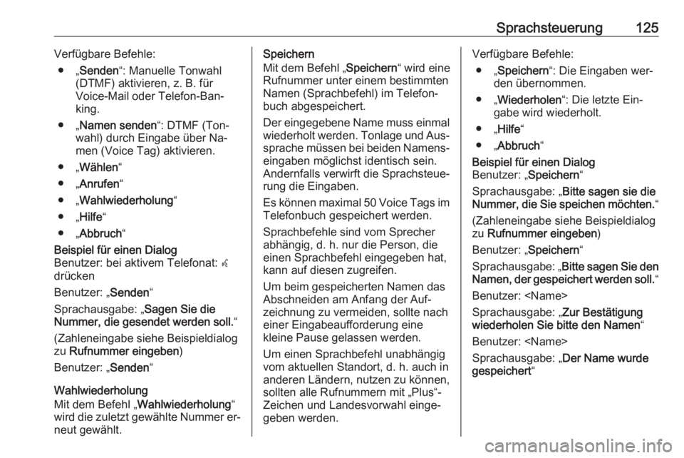 OPEL ZAFIRA C 2016.5  Infotainment-Handbuch (in German) Sprachsteuerung125Verfügbare Befehle:● „ Senden “: Manuelle Tonwahl
(DTMF) aktivieren, z. B. für
Voice-Mail oder Telefon-Ban‐
king.
● „ Namen senden “: DTMF (Ton‐
wahl) durch Eingabe OPEL ZAFIRA C 2016.5  Infotainment-Handbuch (in German) Sprachsteuerung125Verfügbare Befehle:● „ Senden “: Manuelle Tonwahl
(DTMF) aktivieren, z. B. für
Voice-Mail oder Telefon-Ban‐
king.
● „ Namen senden “: DTMF (Ton‐
wahl) durch Eingabe