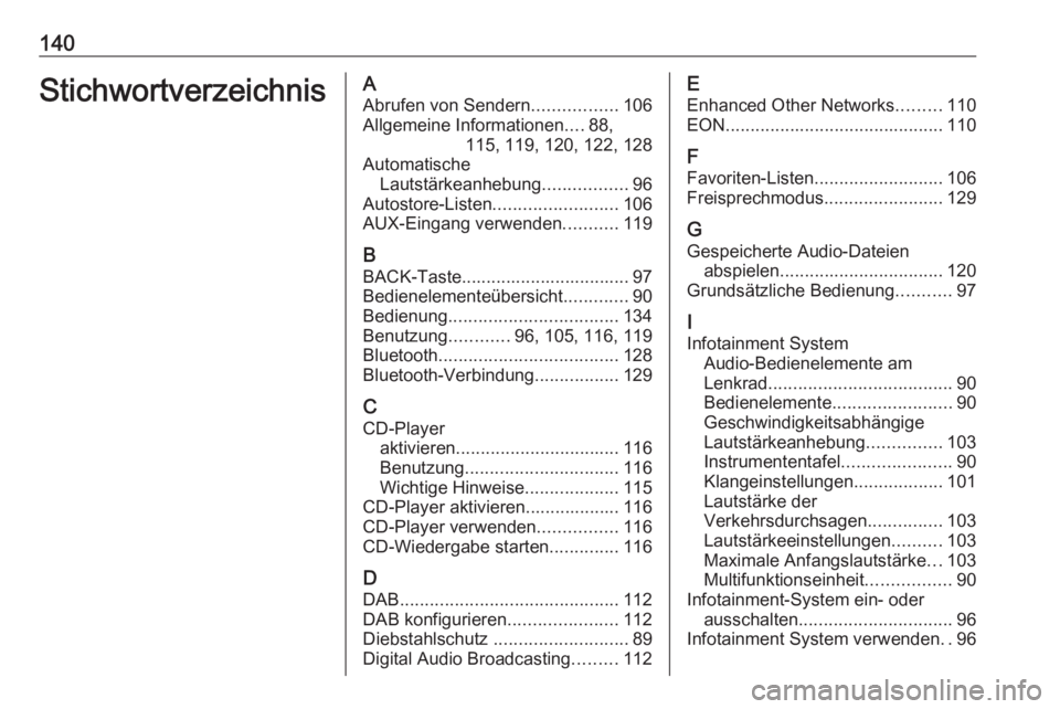 OPEL ZAFIRA C 2016.5  Infotainment-Handbuch (in German) 140StichwortverzeichnisAAbrufen von Sendern .................106
Allgemeine Informationen ....88,
115, 119, 120, 122, 128
Automatische Lautstärkeanhebung .................96
Autostore-Listen ........