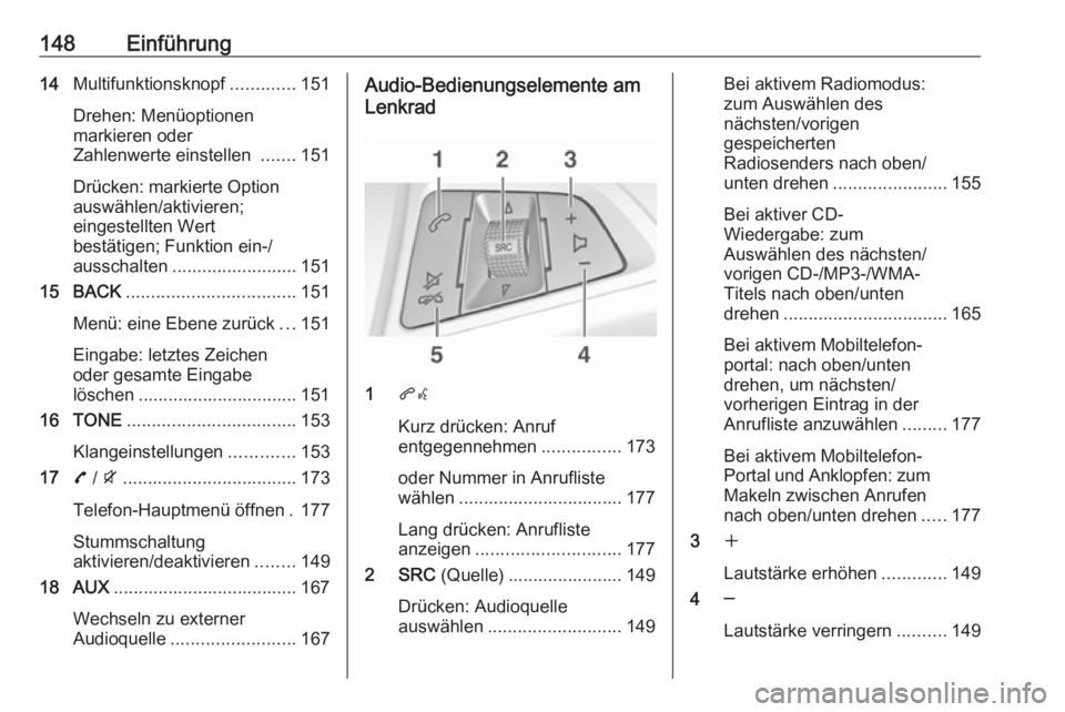 OPEL ZAFIRA C 2016.5  Infotainment-Handbuch (in German) 148Einführung14Multifunktionsknopf .............151
Drehen: Menüoptionen
markieren oder
Zahlenwerte einstellen  .......151
Drücken: markierte Option
auswählen/aktivieren;
eingestellten Wert
bestä