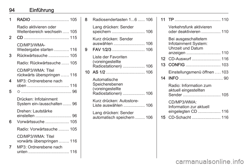 OPEL ZAFIRA C 2016.5  Infotainment-Handbuch (in German) 94Einführung1 RADIO................................. 105
Radio aktivieren oder
Wellenbereich wechseln .....105
2 CD ....................................... 115
CD/MP3/WMA-
Wiedergabe starten ........