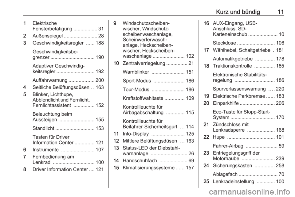 OPEL ZAFIRA C 2016.5  Betriebsanleitung (in German) Kurz und bündig111Elektrische
Fensterbetätigung .................31
2 Außenspiegel ........................ 28
3 Geschwindigkeitsregler  ......188
Geschwindigkeitsbe‐
grenzer ....................