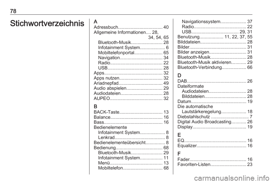 OPEL ZAFIRA C 2017 Infotainment-Handbuch (in German) 78StichwortverzeichnisAAdressbuch................................... 40Allgemeine Informationen ....28,
34, 54, 65
Bluetooth-Musik ........................28
Infotainment System ...................6
M OPEL ZAFIRA C 2017 Infotainment-Handbuch (in German) 78StichwortverzeichnisAAdressbuch................................... 40Allgemeine Informationen ....28,
34, 54, 65
Bluetooth-Musik ........................28
Infotainment System ...................6
M
