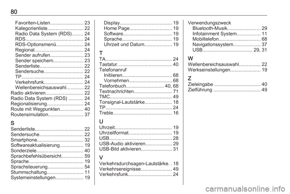 OPEL ZAFIRA C 2017 Infotainment-Handbuch (in German) 80Favoriten-Listen........................23
Kategorienliste .......................... 22
Radio Data System (RDS) ........24
RDS........................................... 24
RDS-Optionsmenü ....... OPEL ZAFIRA C 2017 Infotainment-Handbuch (in German) 80Favoriten-Listen........................23
Kategorienliste .......................... 22
Radio Data System (RDS) ........24
RDS........................................... 24
RDS-Optionsmenü .......