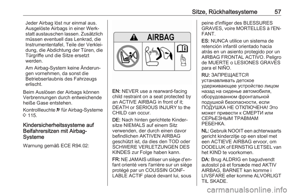 OPEL ZAFIRA C 2017.25  Betriebsanleitung (in German) Sitze, Rückhaltesysteme57Jeder Airbag löst nur einmal aus.
Ausgelöste Airbags in einer Werk‐
statt austauschen lassen. Zusätzlich
müssen eventuell das Lenkrad, die
Instrumententafel, Teile der 
