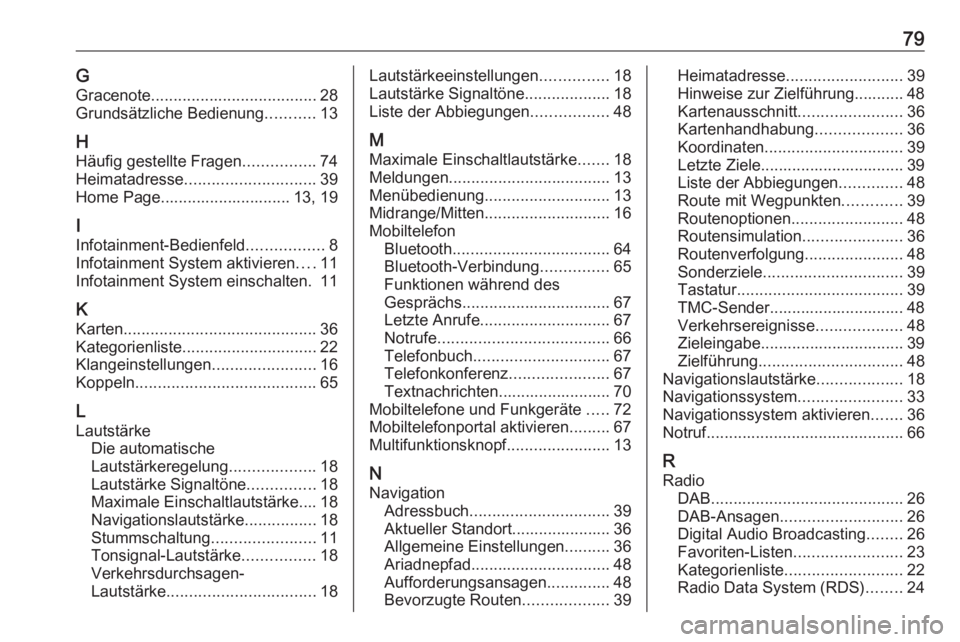OPEL ZAFIRA C 2017.5 Infotainment-Handbuch (in German) 79GGracenote ..................................... 28
Grundsätzliche Bedienung ...........13
H Häufig gestellte Fragen ................74
Heimatadresse ............................. 39
Home Page.... OPEL ZAFIRA C 2017.5 Infotainment-Handbuch (in German) 79GGracenote ..................................... 28
Grundsätzliche Bedienung ...........13
H Häufig gestellte Fragen ................74
Heimatadresse ............................. 39
Home Page....