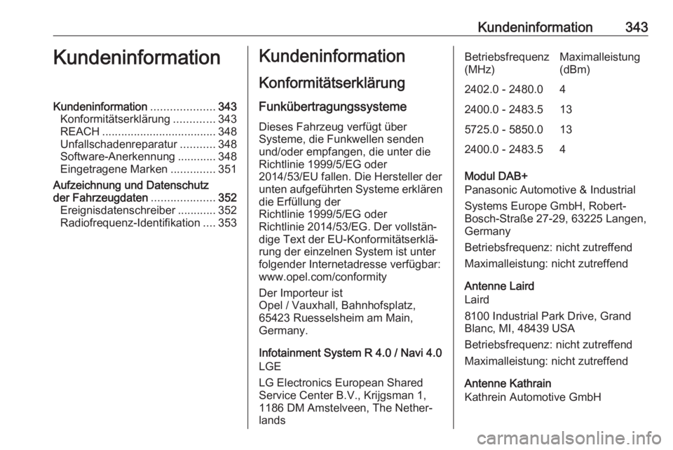 OPEL ZAFIRA C 2018 Betriebsanleitung (in German) Kundeninformation343KundeninformationKundeninformation....................343
Konformitätserklärung .............343
REACH .................................... 348
Unfallschadenreparatur ........... OPEL ZAFIRA C 2018 Betriebsanleitung (in German) Kundeninformation343KundeninformationKundeninformation....................343
Konformitätserklärung .............343
REACH .................................... 348
Unfallschadenreparatur ...........