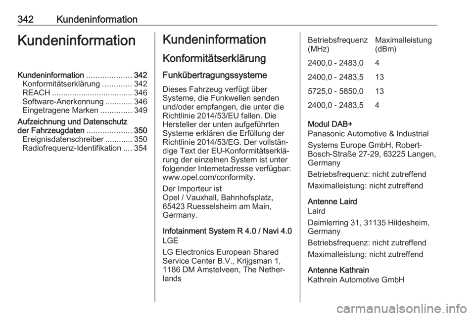 OPEL ZAFIRA C 2018.5 Betriebsanleitung (in German) 342KundeninformationKundeninformationKundeninformation....................342
Konformitätserklärung .............342
REACH .................................... 346
Software-Anerkennung ............3 OPEL ZAFIRA C 2018.5 Betriebsanleitung (in German) 342KundeninformationKundeninformationKundeninformation....................342
Konformitätserklärung .............342
REACH .................................... 346
Software-Anerkennung ............3