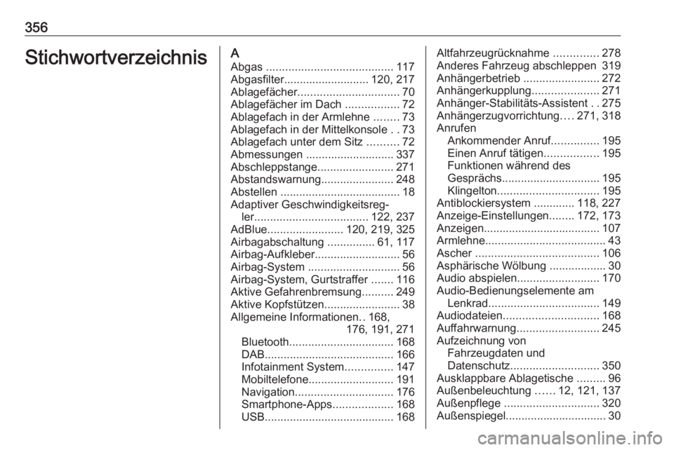 OPEL ZAFIRA C 2018.5 Betriebsanleitung (in German) 356StichwortverzeichnisAAbgas ........................................ 117
Abgasfilter........................... 120, 217
Ablagefächer ................................ 70
Ablagefächer im Dach ... OPEL ZAFIRA C 2018.5 Betriebsanleitung (in German) 356StichwortverzeichnisAAbgas ........................................ 117
Abgasfilter........................... 120, 217
Ablagefächer ................................ 70
Ablagefächer im Dach ...