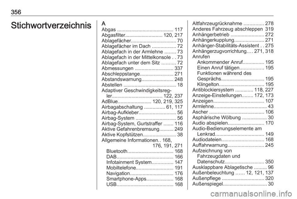 OPEL ZAFIRA C 2018.5  Betriebsanleitung (in German) 356StichwortverzeichnisAAbgas  ........................................ 117
Abgasfilter........................... 120, 217
Ablagefächer ................................ 70
Ablagefächer im Dach  ...