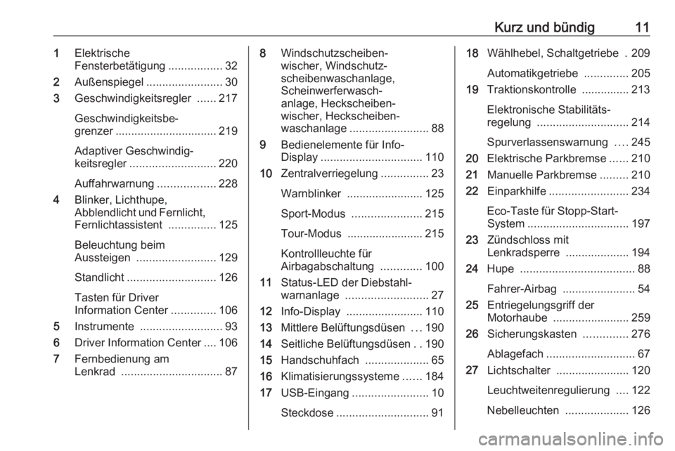 OPEL ZAFIRA C 2019  Betriebsanleitung (in German) Kurz und bündig111Elektrische
Fensterbetätigung .................32
2 Außenspiegel ........................ 30
3 Geschwindigkeitsregler  ......217
Geschwindigkeitsbe‐
grenzer ....................