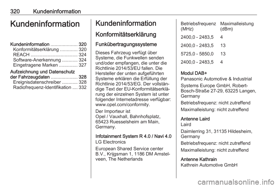 OPEL ZAFIRA C 2019  Betriebsanleitung (in German) 320KundeninformationKundeninformationKundeninformation....................320
Konformitätserklärung .............320
REACH .................................... 324
Software-Anerkennung ............3
