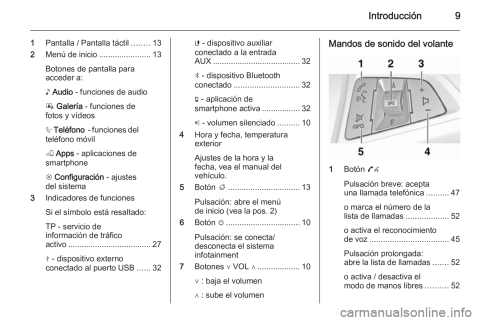 OPEL ADAM 2014  Manual de infoentretenimiento (in Spanish) Introducción9
1Pantalla / Pantalla táctil ........13
2 Menú de inicio .......................13
Botones de pantalla para
acceder a:
♪  Audio  - funciones de audio
P  Galería  - funciones de
foto