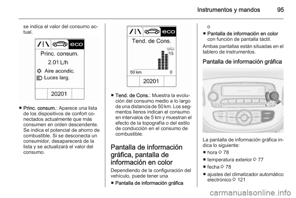 OPEL ADAM 2014.5  Manual de Instrucciones (in Spanish) Instrumentos y mandos95
se indica el valor del consumo ac‐
tual.
■ Princ. consum. : Aparece una lista
de los dispositivos de confort co‐
nectados actualmente que más
consumen en orden descenden