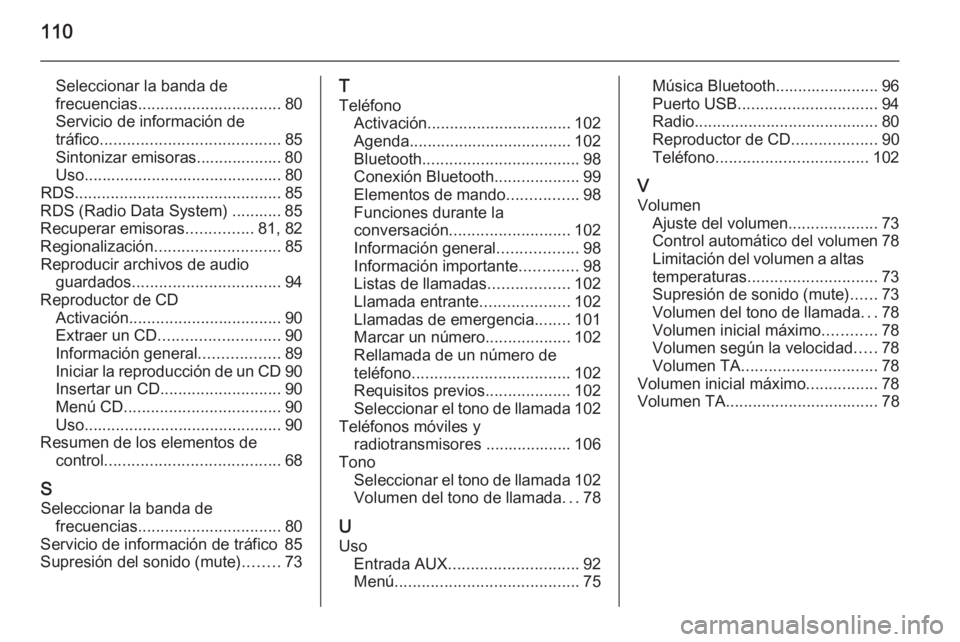 OPEL ADAM 2015 Manual de infoentretenimiento (in Spanish) 110
Seleccionar la banda de
frecuencias ................................ 80
Servicio de información de
tráfico ........................................ 85
Sintonizar emisoras................... 80
U OPEL ADAM 2015 Manual de infoentretenimiento (in Spanish) 110
Seleccionar la banda de
frecuencias ................................ 80
Servicio de información de
tráfico ........................................ 85
Sintonizar emisoras................... 80
U