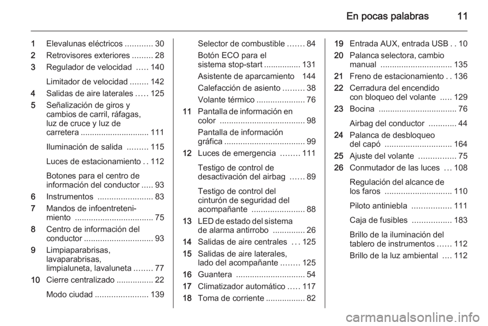 OPEL ADAM 2015  Manual de Instrucciones (in Spanish) En pocas palabras11
1Elevalunas eléctricos ............30
2 Retrovisores exteriores .........28
3 Regulador de velocidad  .....140
Limitador de velocidad ........142
4 Salidas de aire laterales .....