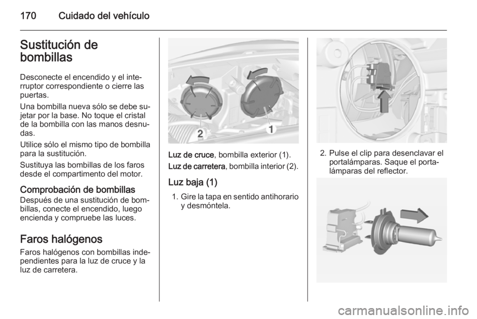 OPEL ADAM 2015  Manual de Instrucciones (in Spanish) 170Cuidado del vehículoSustitución de
bombillas
Desconecte el encendido y el inte‐
rruptor correspondiente o cierre las
puertas.
Una bombilla nueva sólo se debe su‐ jetar por la base. No toque 