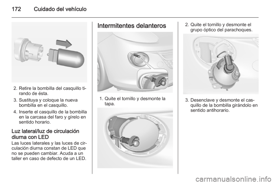 OPEL ADAM 2015  Manual de Instrucciones (in Spanish) 172Cuidado del vehículo
2. Retire la bombilla del casquillo ti‐rando de ésta.
3. Sustituya y coloque la nueva bombilla en el casquillo.
4. Inserte el casquillo de la bombilla en la carcasa del far