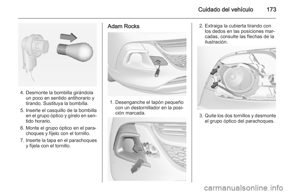 OPEL ADAM 2015  Manual de Instrucciones (in Spanish) Cuidado del vehículo173
4. Desmonte la bombilla girándolaun poco en sentido antihorario y
tirando. Sustituya la bombilla.
5. Inserte el casquillo de la bombilla en el grupo óptico y gírelo en sen