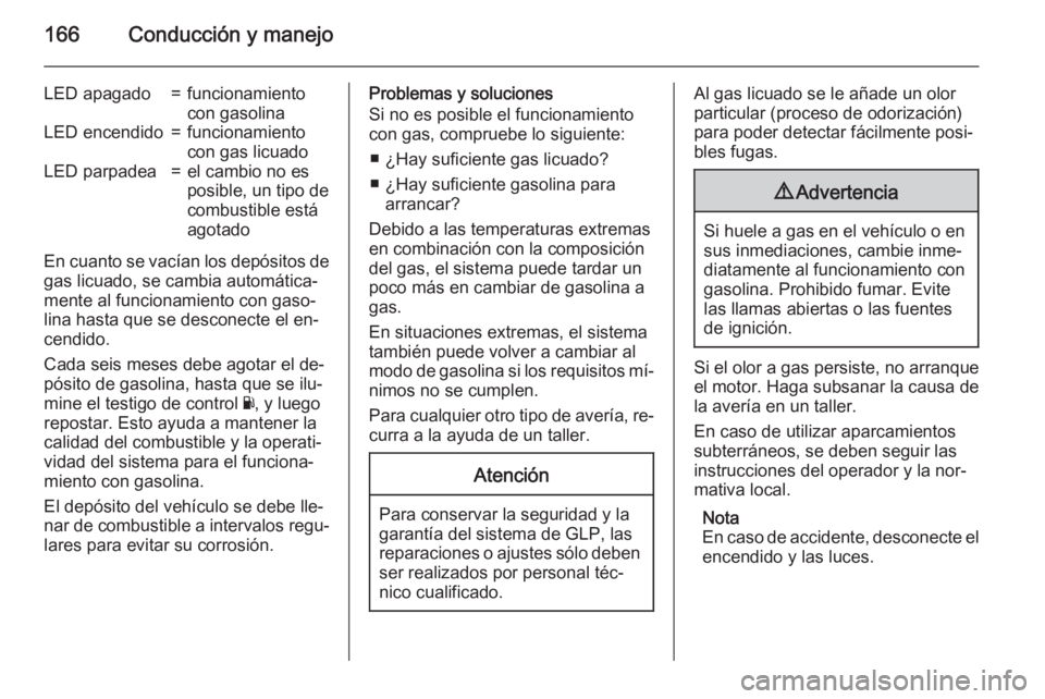 OPEL ADAM 2015.5 Manual de Instrucciones (in Spanish) 166Conducción y manejo
LED apagado=funcionamiento
con gasolinaLED encendido=funcionamiento
con gas licuadoLED parpadea=el cambio no es
posible, un tipo de
combustible está
agotado
En cuanto se vací OPEL ADAM 2015.5 Manual de Instrucciones (in Spanish) 166Conducción y manejo
LED apagado=funcionamiento
con gasolinaLED encendido=funcionamiento
con gas licuadoLED parpadea=el cambio no es
posible, un tipo de
combustible está
agotado
En cuanto se vací