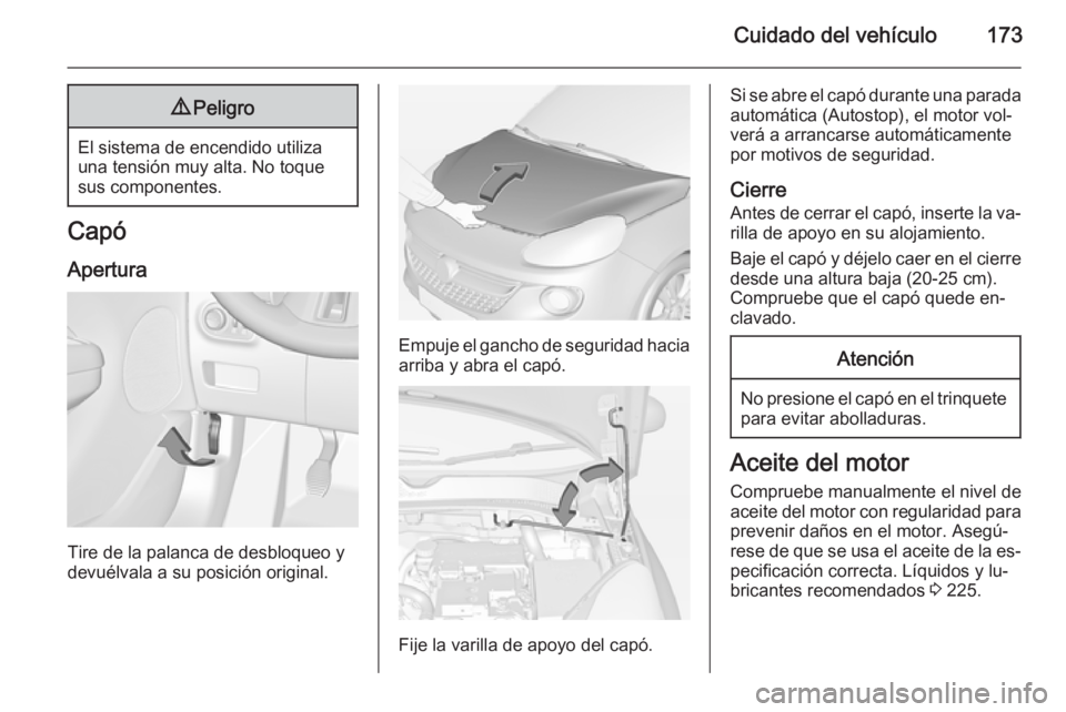 OPEL ADAM 2015.5 Manual de Instrucciones (in Spanish) Cuidado del vehículo1739Peligro
El sistema de encendido utiliza
una tensión muy alta. No toque
sus componentes.
Capó
Apertura
Tire de la palanca de desbloqueo y
devuélvala a su posición original. OPEL ADAM 2015.5 Manual de Instrucciones (in Spanish) Cuidado del vehículo1739Peligro
El sistema de encendido utiliza
una tensión muy alta. No toque
sus componentes.
Capó
Apertura
Tire de la palanca de desbloqueo y
devuélvala a su posición original.