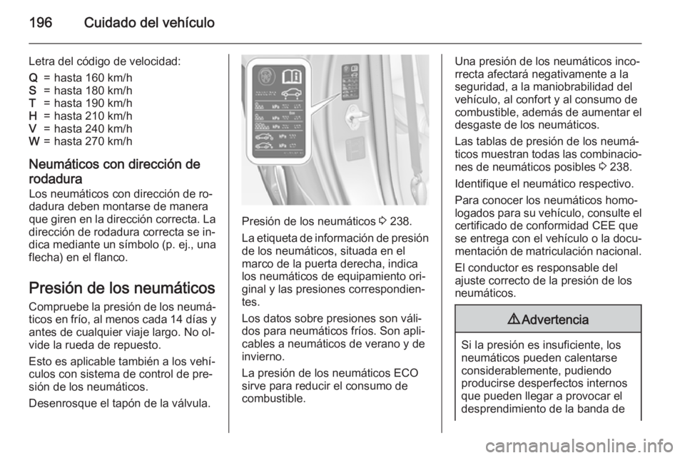 OPEL ADAM 2015.5 Manual de Instrucciones (in Spanish) 196Cuidado del vehículo
Letra del código de velocidad:Q=hasta 160 km/hS=hasta 180 km/hT=hasta 190 km/hH=hasta 210 km/hV=hasta 240 km/hW=hasta 270 km/h
Neumáticos con dirección de
rodadura
Los neum OPEL ADAM 2015.5 Manual de Instrucciones (in Spanish) 196Cuidado del vehículo
Letra del código de velocidad:Q=hasta 160 km/hS=hasta 180 km/hT=hasta 190 km/hH=hasta 210 km/hV=hasta 240 km/hW=hasta 270 km/h
Neumáticos con dirección de
rodadura
Los neum