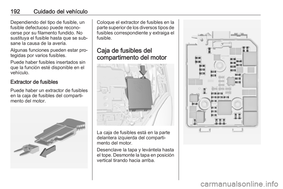 OPEL ADAM 2016 Manual de Instrucciones (in Spanish) 192Cuidado del vehículoDependiendo del tipo de fusible, un
fusible defectuoso puede recono‐
cerse por su filamento fundido. No
sustituya el fusible hasta que se sub‐
sane la causa de la avería.
OPEL ADAM 2016 Manual de Instrucciones (in Spanish) 192Cuidado del vehículoDependiendo del tipo de fusible, un
fusible defectuoso puede recono‐
cerse por su filamento fundido. No
sustituya el fusible hasta que se sub‐
sane la causa de la avería.