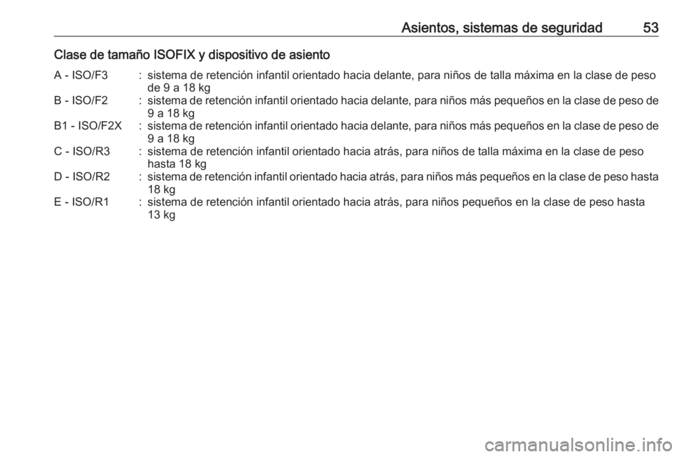 OPEL ADAM 2016 Manual de Instrucciones (in Spanish) Asientos, sistemas de seguridad53Clase de tamaño ISOFIX y dispositivo de asientoA - ISO/F3:sistema de retención infantil orientado hacia delante, para niños de talla máxima en la clase de pesode 9 OPEL ADAM 2016 Manual de Instrucciones (in Spanish) Asientos, sistemas de seguridad53Clase de tamaño ISOFIX y dispositivo de asientoA - ISO/F3:sistema de retención infantil orientado hacia delante, para niños de talla máxima en la clase de pesode 9