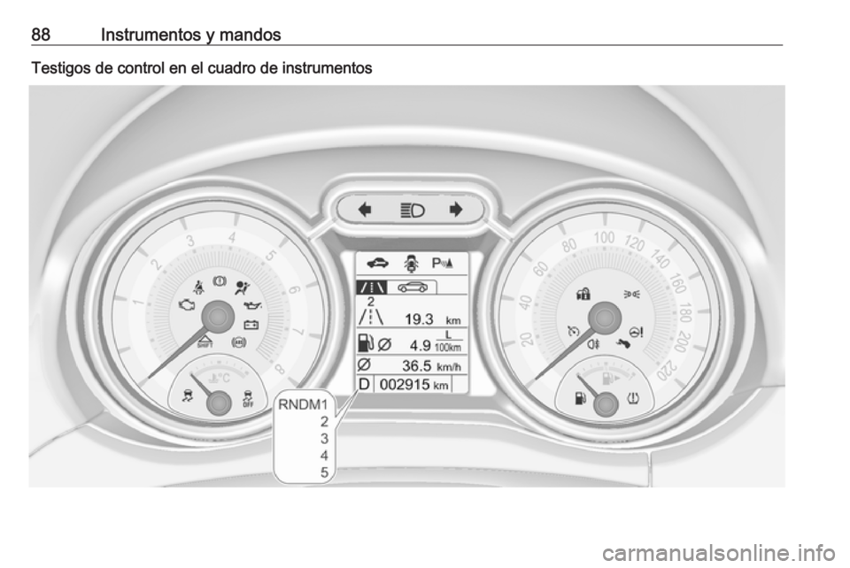OPEL ADAM 2016 Manual de Instrucciones (in Spanish) 88Instrumentos y mandosTestigos de control en el cuadro de instrumentos OPEL ADAM 2016 Manual de Instrucciones (in Spanish) 88Instrumentos y mandosTestigos de control en el cuadro de instrumentos