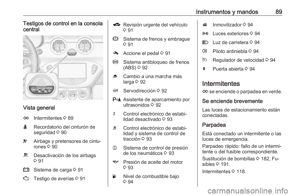 OPEL ADAM 2016 Manual de Instrucciones (in Spanish) Instrumentos y mandos89Testigos de control en la consola
central
Vista general
OIntermitentes 3 89XRecordatorio del cinturón de
seguridad 3 90vAirbags y pretensores de cintu‐
rones 3 90VDesactiv OPEL ADAM 2016 Manual de Instrucciones (in Spanish) Instrumentos y mandos89Testigos de control en la consola
central
Vista general
OIntermitentes 3 89XRecordatorio del cinturón de
seguridad 3 90vAirbags y pretensores de cintu‐
rones 3 90VDesactiv