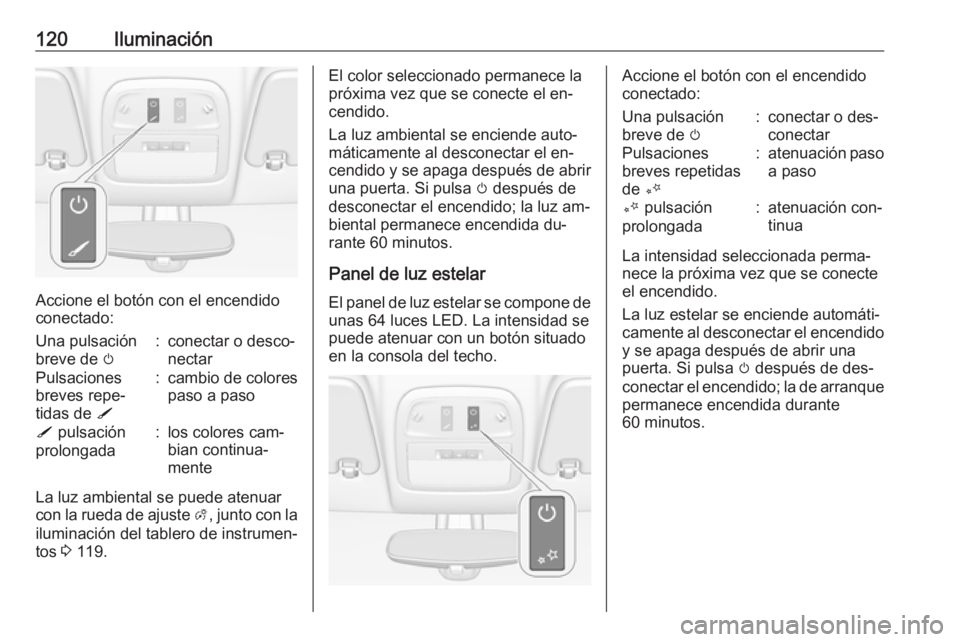 OPEL ADAM 2016.5 Manual de Instrucciones (in Spanish) 120Iluminación
Accione el botón con el encendido
conectado:
Una pulsación
breve de m:conectar o desco‐
nectarPulsaciones
breves repe‐
tidas de S:cambio de colores
paso a pasoS pulsación
pro OPEL ADAM 2016.5 Manual de Instrucciones (in Spanish) 120Iluminación
Accione el botón con el encendido
conectado:
Una pulsación
breve de m:conectar o desco‐
nectarPulsaciones
breves repe‐
tidas de S:cambio de colores
paso a pasoS pulsación
pro