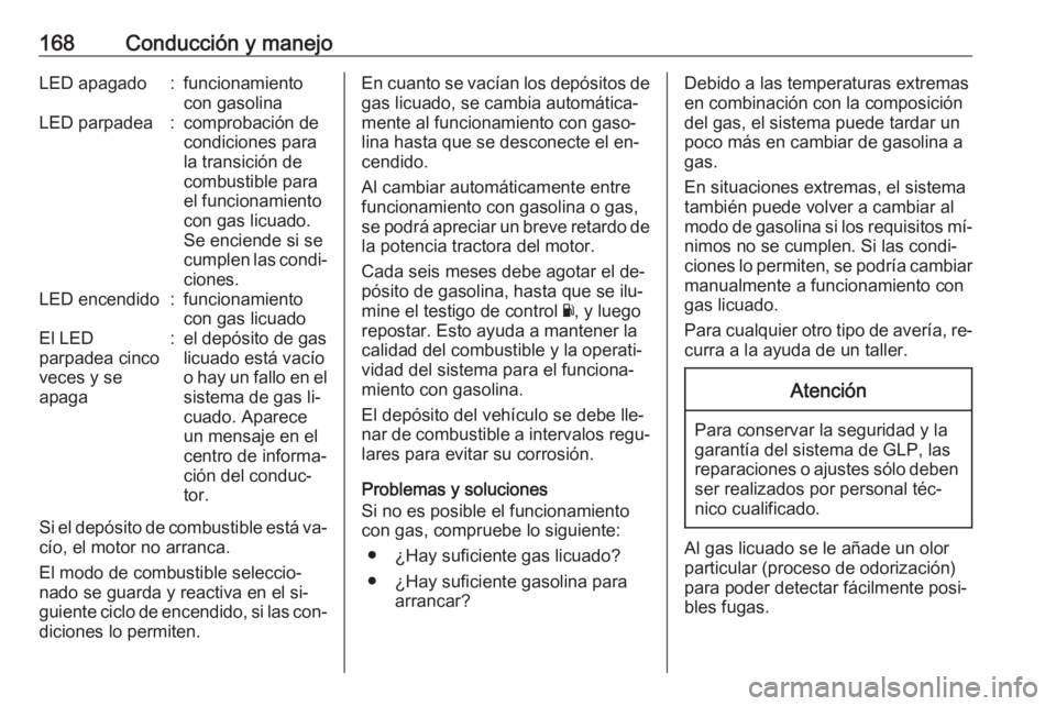 OPEL ADAM 2016.5 Manual de Instrucciones (in Spanish) 168Conducción y manejoLED apagado:funcionamiento
con gasolinaLED parpadea:comprobación de
condiciones para
la transición de
combustible para
el funcionamiento
con gas licuado.
Se enciende si se
cum OPEL ADAM 2016.5 Manual de Instrucciones (in Spanish) 168Conducción y manejoLED apagado:funcionamiento
con gasolinaLED parpadea:comprobación de
condiciones para
la transición de
combustible para
el funcionamiento
con gas licuado.
Se enciende si se
cum
