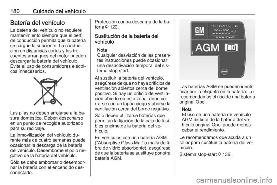 OPEL ADAM 2016.5 Manual de Instrucciones (in Spanish) 180Cuidado del vehículoBatería del vehículo
La batería del vehículo no requiere
mantenimiento siempre que el perfil
de conducción permita que la batería
se cargue lo suficiente. La conduc‐
ci OPEL ADAM 2016.5 Manual de Instrucciones (in Spanish) 180Cuidado del vehículoBatería del vehículo
La batería del vehículo no requiere
mantenimiento siempre que el perfil
de conducción permita que la batería
se cargue lo suficiente. La conduc‐
ci