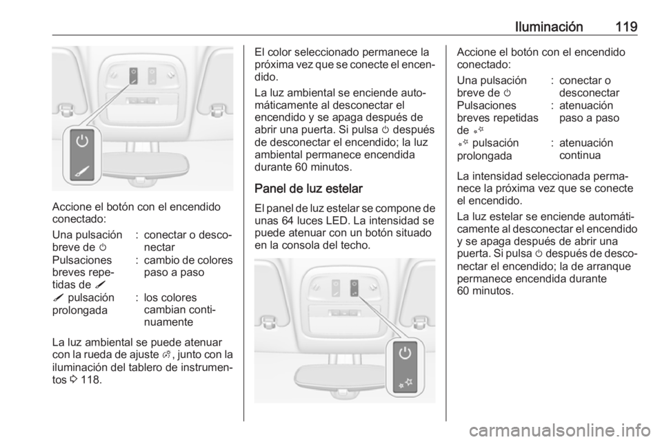 OPEL ADAM 2017 Manual de Instrucciones (in Spanish) Iluminación119
Accione el botón con el encendido
conectado:
Una pulsación
breve de m:conectar o desco‐
nectarPulsaciones
breves repe‐
tidas de S:cambio de colores
paso a pasoS pulsación
pro OPEL ADAM 2017 Manual de Instrucciones (in Spanish) Iluminación119
Accione el botón con el encendido
conectado:
Una pulsación
breve de m:conectar o desco‐
nectarPulsaciones
breves repe‐
tidas de S:cambio de colores
paso a pasoS pulsación
pro