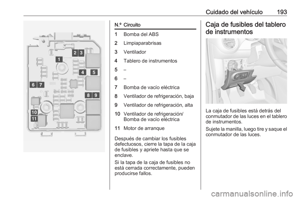 OPEL ADAM 2017 Manual de Instrucciones (in Spanish) Cuidado del vehículo193N.ºCircuito1Bomba del ABS2Limpiaparabrisas3Ventilador4Tablero de instrumentos5–6–7Bomba de vacío eléctrica8Ventilador de refrigeración, baja9Ventilador de refrigeració OPEL ADAM 2017 Manual de Instrucciones (in Spanish) Cuidado del vehículo193N.ºCircuito1Bomba del ABS2Limpiaparabrisas3Ventilador4Tablero de instrumentos5–6–7Bomba de vacío eléctrica8Ventilador de refrigeración, baja9Ventilador de refrigeració