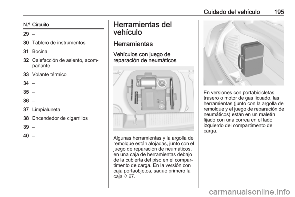 OPEL ADAM 2017 Manual de Instrucciones (in Spanish) Cuidado del vehículo195N.ºCircuito29–30Tablero de instrumentos31Bocina32Calefacción de asiento, acom‐
pañante33Volante térmico34–35–36–37Limpialuneta38Encendedor de cigarrillos39–40 OPEL ADAM 2017 Manual de Instrucciones (in Spanish) Cuidado del vehículo195N.ºCircuito29–30Tablero de instrumentos31Bocina32Calefacción de asiento, acom‐
pañante33Volante térmico34–35–36–37Limpialuneta38Encendedor de cigarrillos39–40