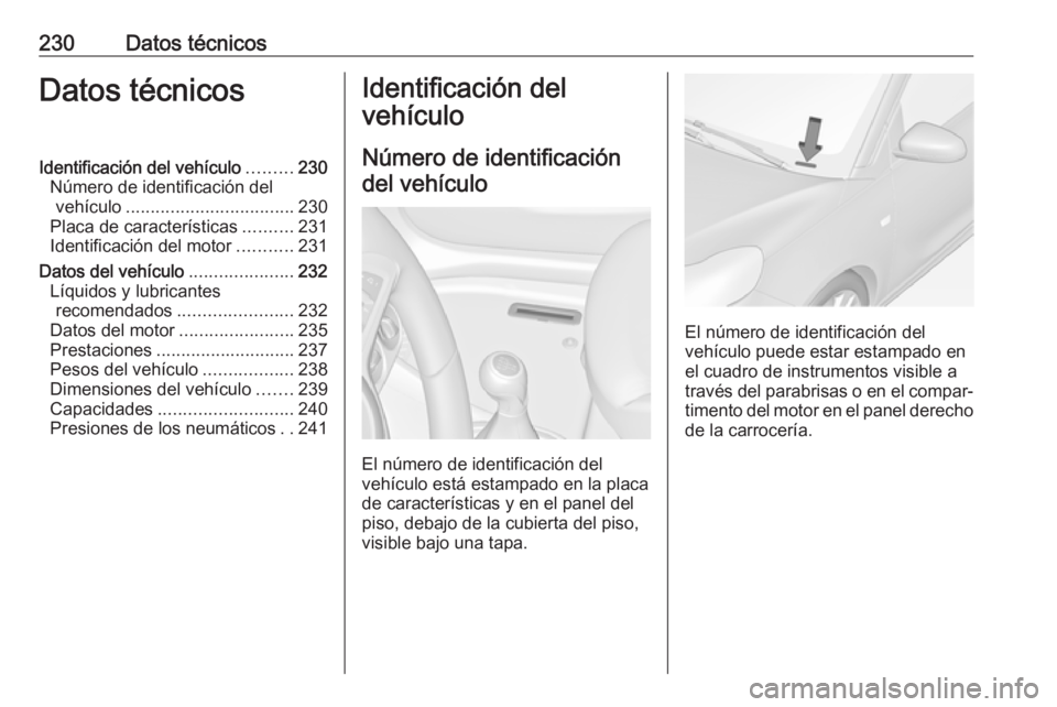 OPEL ADAM 2017  Manual de Instrucciones (in Spanish) 230Datos técnicosDatos técnicosIdentificación del vehículo.........230
Número de identificación del vehículo .................................. 230
Placa de características ..........231
Ident
