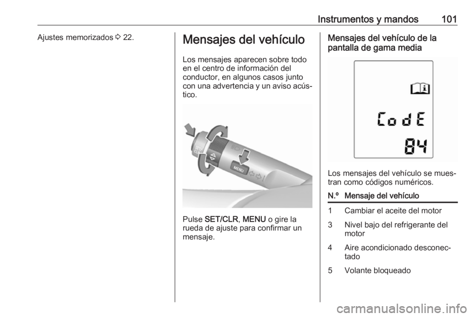 OPEL ADAM 2017.5 Manual de Instrucciones (in Spanish) Instrumentos y mandos101Ajustes memorizados 3 22.Mensajes del vehículo
Los mensajes aparecen sobre todo
en el centro de información del
conductor, en algunos casos junto
con una advertencia y un avi OPEL ADAM 2017.5 Manual de Instrucciones (in Spanish) Instrumentos y mandos101Ajustes memorizados 3 22.Mensajes del vehículo
Los mensajes aparecen sobre todo
en el centro de información del
conductor, en algunos casos junto
con una advertencia y un avi