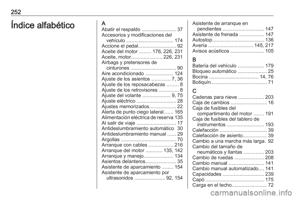 OPEL ADAM 2018 Manual de Instrucciones (in Spanish) 252Índice alfabéticoAAbatir el respaldo ......................... 37
Accesorios y modificaciones del vehículo .................................. 174
Accione el pedal ........................... 92 OPEL ADAM 2018 Manual de Instrucciones (in Spanish) 252Índice alfabéticoAAbatir el respaldo ......................... 37
Accesorios y modificaciones del vehículo .................................. 174
Accione el pedal ........................... 92