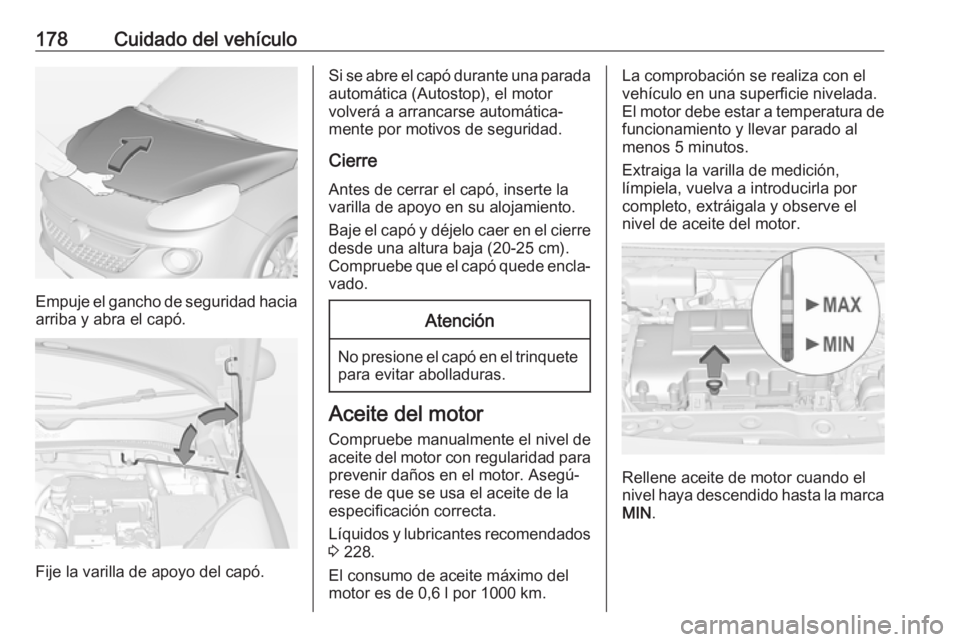 OPEL ADAM 2018.5 Manual de Instrucciones (in Spanish) 178Cuidado del vehículo
Empuje el gancho de seguridad haciaarriba y abra el capó.
Fije la varilla de apoyo del capó.
Si se abre el capó durante una parada
automática (Autostop), el motor
volverá OPEL ADAM 2018.5 Manual de Instrucciones (in Spanish) 178Cuidado del vehículo
Empuje el gancho de seguridad haciaarriba y abra el capó.
Fije la varilla de apoyo del capó.
Si se abre el capó durante una parada
automática (Autostop), el motor
volverá