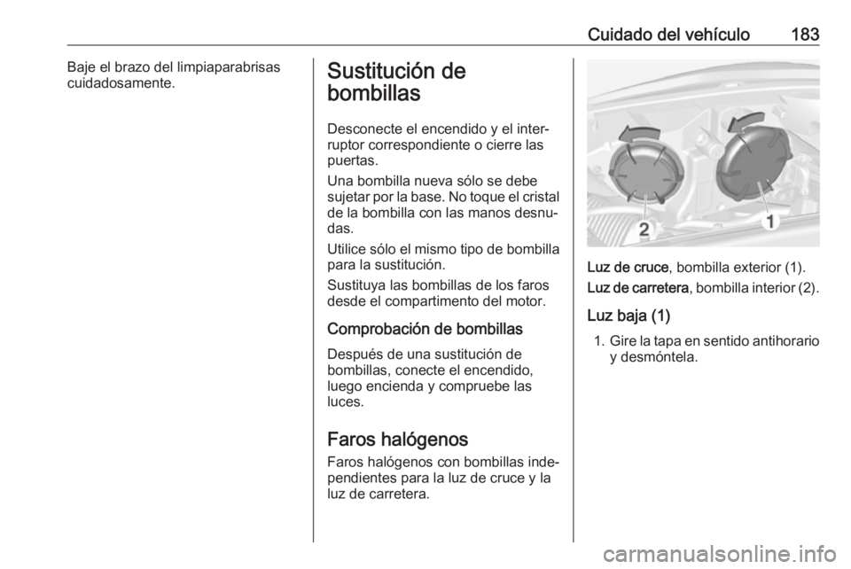 OPEL ADAM 2018.5 Manual de Instrucciones (in Spanish) Cuidado del vehículo183Baje el brazo del limpiaparabrisas
cuidadosamente.Sustitución de
bombillas
Desconecte el encendido y el inter‐
ruptor correspondiente o cierre las
puertas.
Una bombilla nuev OPEL ADAM 2018.5 Manual de Instrucciones (in Spanish) Cuidado del vehículo183Baje el brazo del limpiaparabrisas
cuidadosamente.Sustitución de
bombillas
Desconecte el encendido y el inter‐
ruptor correspondiente o cierre las
puertas.
Una bombilla nuev