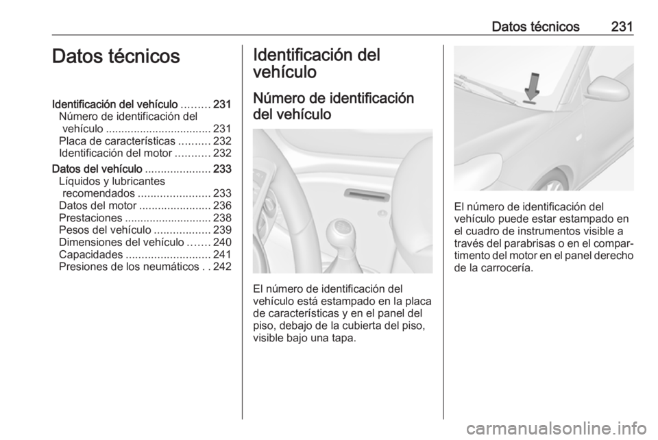 OPEL ADAM 2018.5  Manual de Instrucciones (in Spanish) Datos técnicos231Datos técnicosIdentificación del vehículo.........231
Número de identificación del vehículo .................................. 231
Placa de características ..........232
Ident