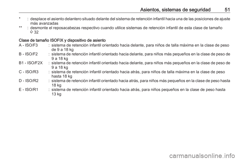 OPEL ADAM 2019 Manual de Instrucciones (in Spanish) Asientos, sistemas de seguridad51*:desplace el asiento delantero situado delante del sistema de retención infantil hacia una de las posiciones de ajuste
más avanzadas**:desmonte el reposacabezas res OPEL ADAM 2019 Manual de Instrucciones (in Spanish) Asientos, sistemas de seguridad51*:desplace el asiento delantero situado delante del sistema de retención infantil hacia una de las posiciones de ajuste
más avanzadas**:desmonte el reposacabezas res