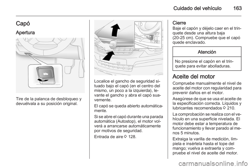 OPEL ANTARA 2014.5 Manual de Instrucciones (in Spanish) Cuidado del vehículo163CapóApertura
Tire de la palanca de desbloqueo y
devuélvala a su posición original.
Localice el gancho de seguridad si‐
tuado bajo el capó (en el centro del
mismo, un poco OPEL ANTARA 2014.5 Manual de Instrucciones (in Spanish) Cuidado del vehículo163CapóApertura
Tire de la palanca de desbloqueo y
devuélvala a su posición original.
Localice el gancho de seguridad si‐
tuado bajo el capó (en el centro del
mismo, un poco