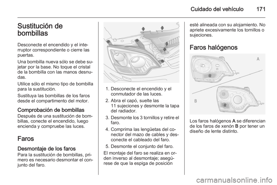 OPEL ANTARA 2014.5 Manual de Instrucciones (in Spanish) Cuidado del vehículo171Sustitución de
bombillas
Desconecte el encendido y el inte‐
rruptor correspondiente o cierre las
puertas.
Una bombilla nueva sólo se debe su‐ jetar por la base. No toque OPEL ANTARA 2014.5 Manual de Instrucciones (in Spanish) Cuidado del vehículo171Sustitución de
bombillas
Desconecte el encendido y el inte‐
rruptor correspondiente o cierre las
puertas.
Una bombilla nueva sólo se debe su‐ jetar por la base. No toque
