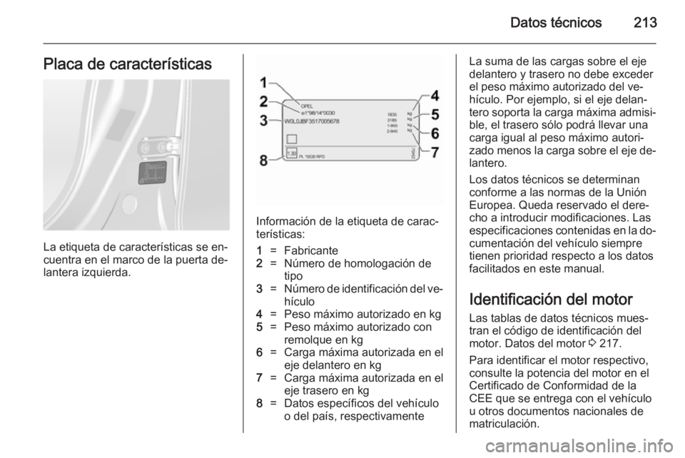 OPEL ANTARA 2014.5 Manual de Instrucciones (in Spanish) Datos técnicos213Placa de características
La etiqueta de características se en‐
cuentra en el marco de la puerta de‐
lantera izquierda.
Información de la etiqueta de carac‐
terísticas:
1=Fa OPEL ANTARA 2014.5 Manual de Instrucciones (in Spanish) Datos técnicos213Placa de características
La etiqueta de características se en‐
cuentra en el marco de la puerta de‐
lantera izquierda.
Información de la etiqueta de carac‐
terísticas:
1=Fa